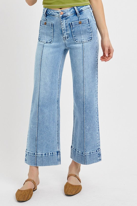 Risen "Callahan" High Rise Crop Wide Jeans : Light Wash – Front Pintuck Patch Pocket Denim for Women