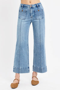 Risen "Callahan" High Rise Crop Wide Jeans : Light Wash – Front Pintuck Patch Pocket Denim for Women
