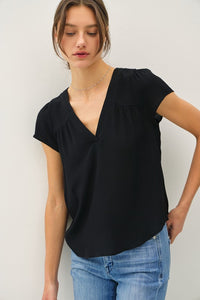 Black Flowy V-Neck Blouse – The Aria Cap Sleeve Chic Top