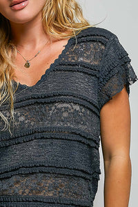 The Emery Lace V Neck Top:Navy  – Short Sleeve Raw Edge Lightweight Feminine Blouse