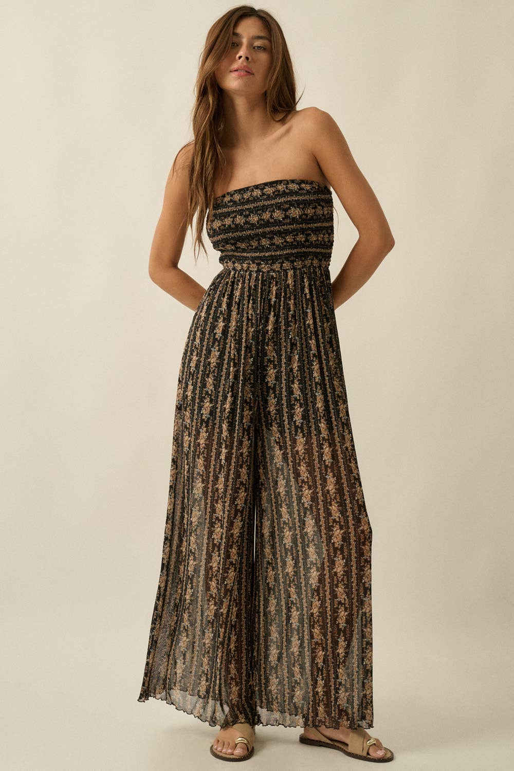 The Wildflower Mesh Jumpsuit: Black/Multi – Strapless Floral Wide Leg Statement Jumpsuit