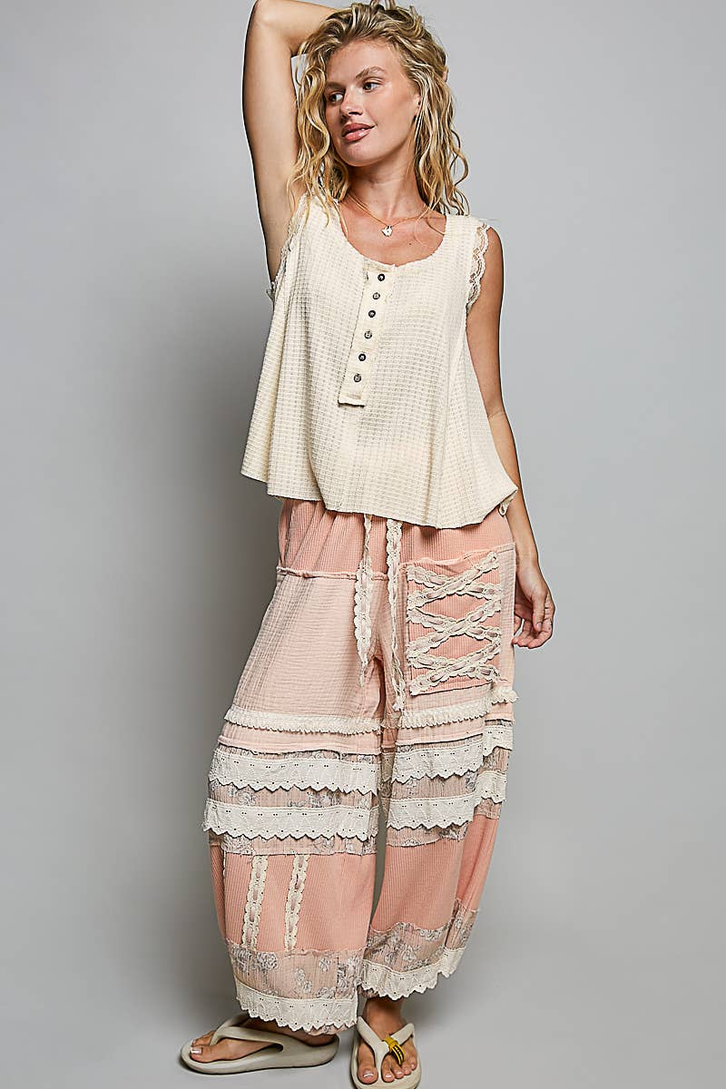The Marlowe Lace Detail Tank Top: Vanilla – Button Front A-Line Sleeveless Knit Blouse