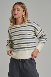 Keeping It Casual Stripe Sweater: Charcoal/ Oatmeal