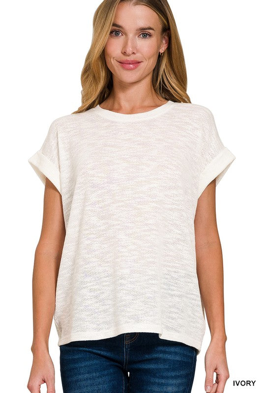 Kendall Lightweight Hacci Slub Rolled Sleeve Tee – Relaxed Fit Everyday Basic Top | Best-Selling Boutique Tee