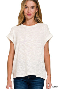 Kendall Lightweight Hacci Slub Rolled Sleeve Tee – Relaxed Fit Everyday Basic Top | Best-Selling Boutique Tee