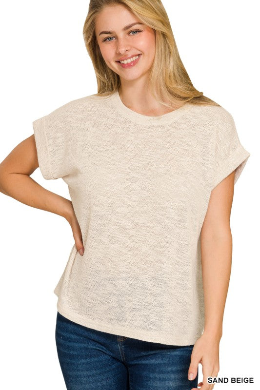 Kendall Lightweight Hacci Slub Rolled Sleeve Tee – Relaxed Fit Everyday Basic Top | Best-Selling Boutique Tee