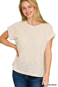 Kendall Lightweight Hacci Slub Rolled Sleeve Tee – Relaxed Fit Everyday Basic Top | Best-Selling Boutique Tee