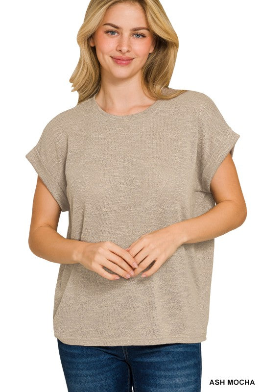 Kendall Lightweight Hacci Slub Rolled Sleeve Tee – Relaxed Fit Everyday Basic Top | Best-Selling Boutique Tee