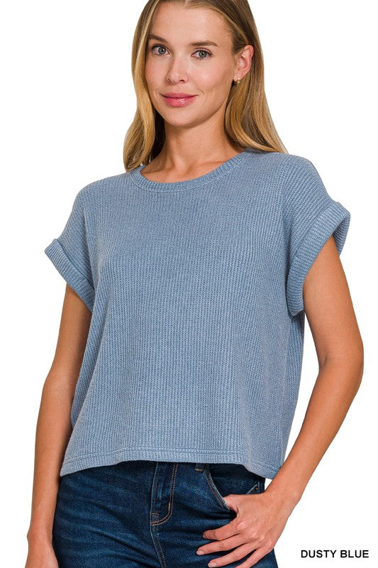 The Raylee Rolled Sleeve Crew Neck Sweater Tee – Short Sleeve Lightweight Knit Top