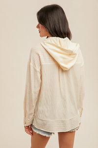 Venice Beach Semi Sheer Button Down Hooded Cotton Shacket: Off White