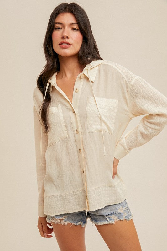 Venice Beach Semi Sheer Button Down Hooded Cotton Shacket: Off White