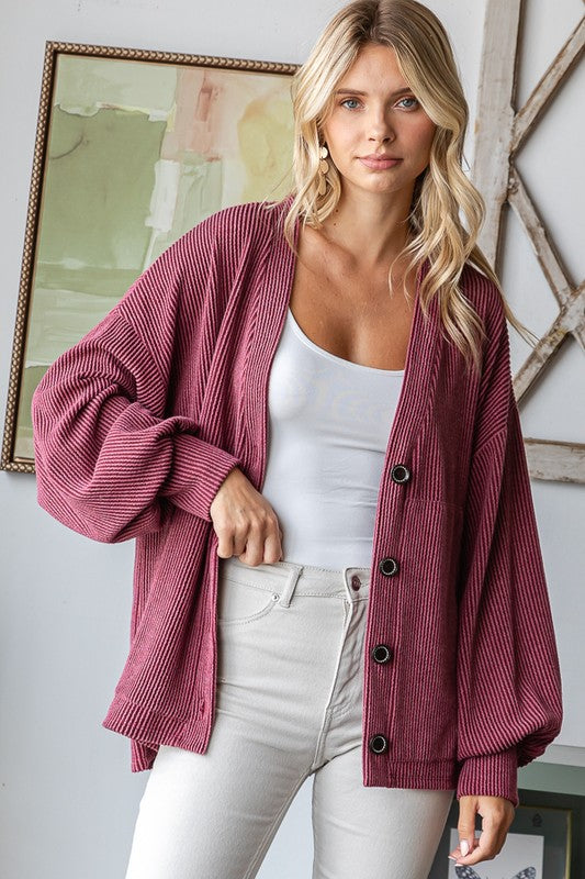 Owen Ribbed Button Front Cardigan: Burgundy