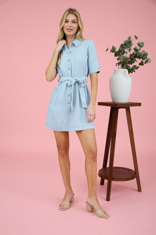 The Laurel Pinstripe Shirt Dress – Belted Button Down Mini in Soft Blue Lyocell