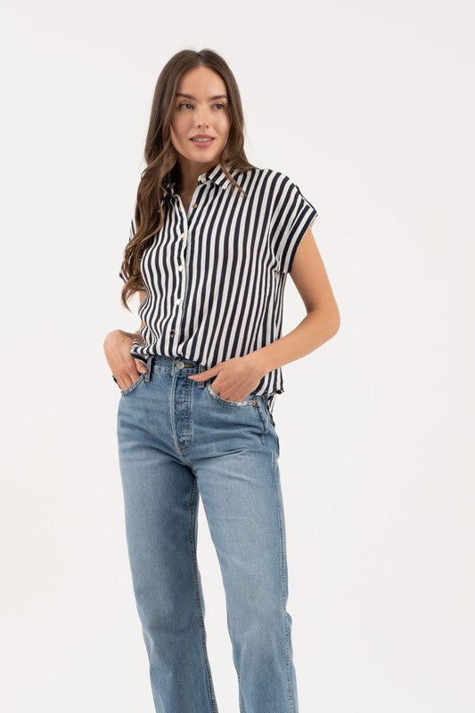 June Casual Stripe Button Down Short Sleeve Blouse