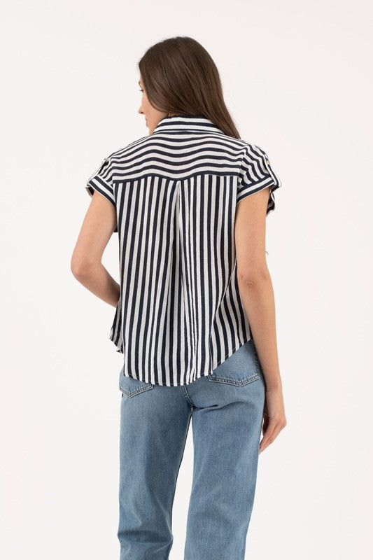 June Casual Stripe Button Down Short Sleeve Blouse