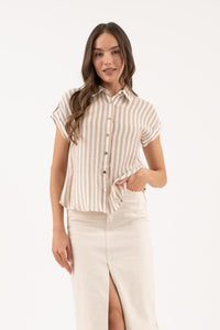 June Casual Stripe Button Down Short Sleeve Blouse