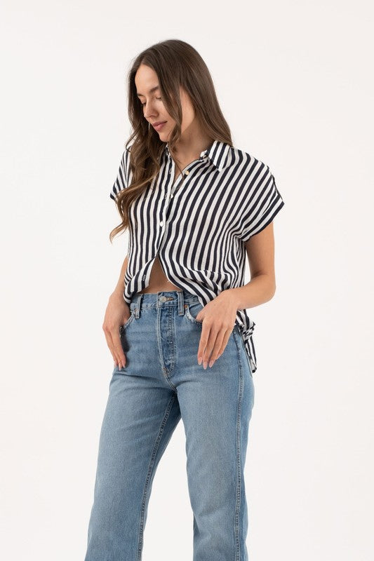 June Casual Stripe Button Down Short Sleeve Blouse