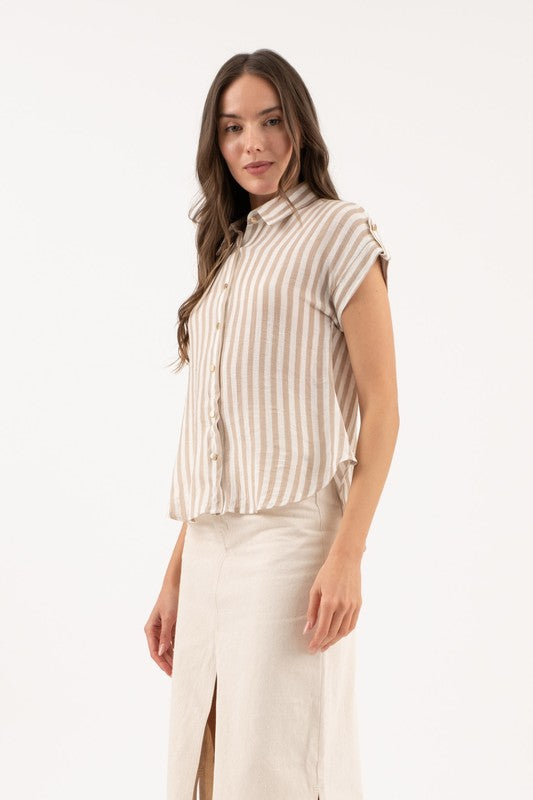 June Casual Stripe Button Down Short Sleeve Blouse