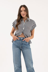 June Casual Stripe Button Down Short Sleeve Blouse