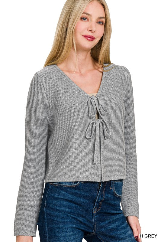 Aspen Tie Front Sweater Cardigan – Cotton Knit Long Sleeve Top