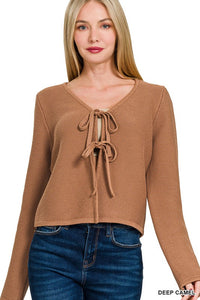 Aspen Tie Front Sweater Cardigan – Cotton Knit Long Sleeve Top