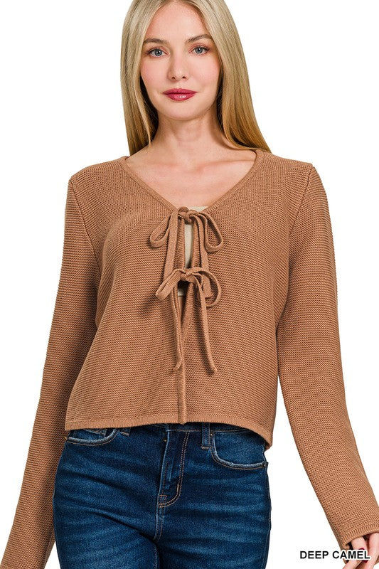 Aspen Tie Front Sweater Cardigan – Cotton Knit Long Sleeve Top