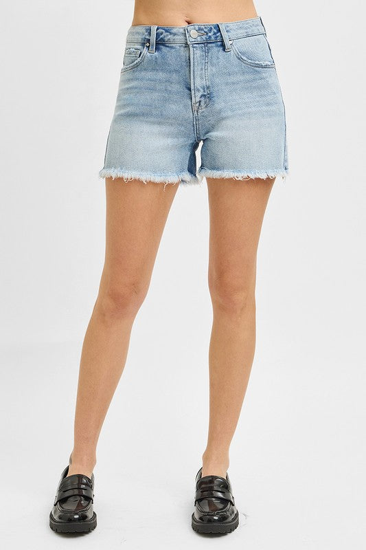 Risen Oaklee High Rise Frayed Hem Denim Shorts – Tummy Control Stretch Jean Shorts