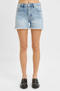 Risen High-Rise Tummy Control Denim Shorts – Frayed Hem & Flattering Fit