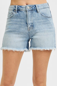 Risen High-Rise Tummy Control Denim Shorts – Frayed Hem & Flattering Fit