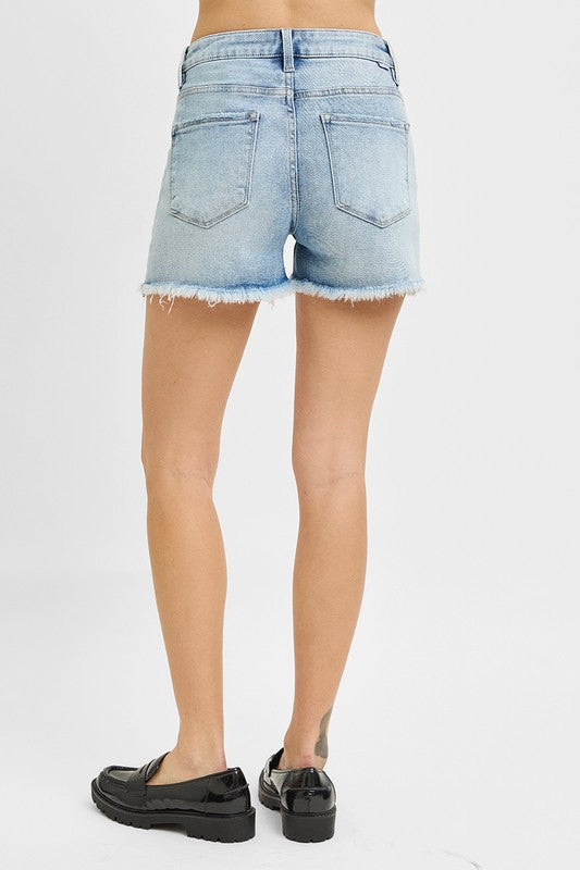 Risen High-Rise Tummy Control Denim Shorts – Frayed Hem & Flattering Fit