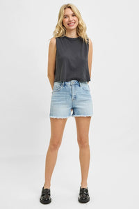 Risen High-Rise Tummy Control Denim Shorts – Frayed Hem & Flattering Fit