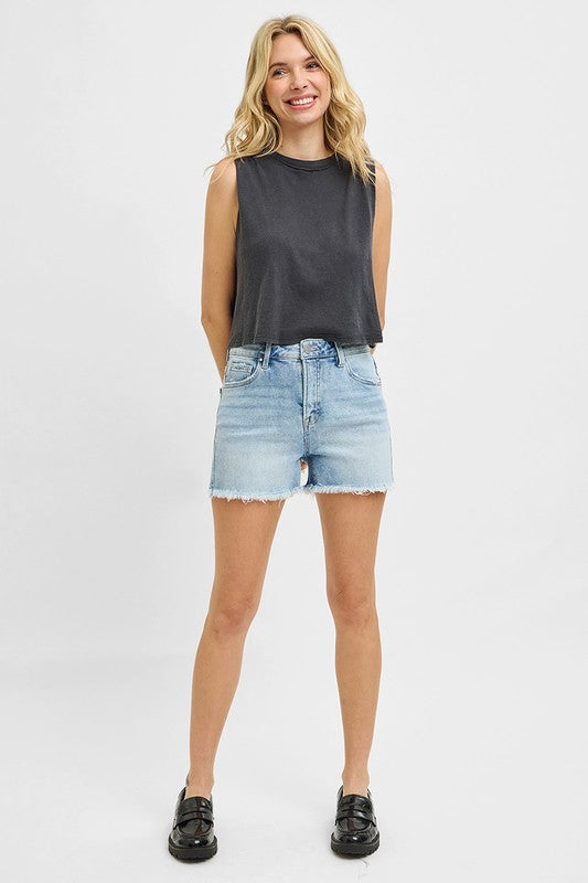 Risen High-Rise Tummy Control Denim Shorts – Frayed Hem & Flattering Fit