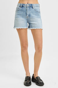 Risen High-Rise Tummy Control Denim Shorts – Frayed Hem & Flattering Fit