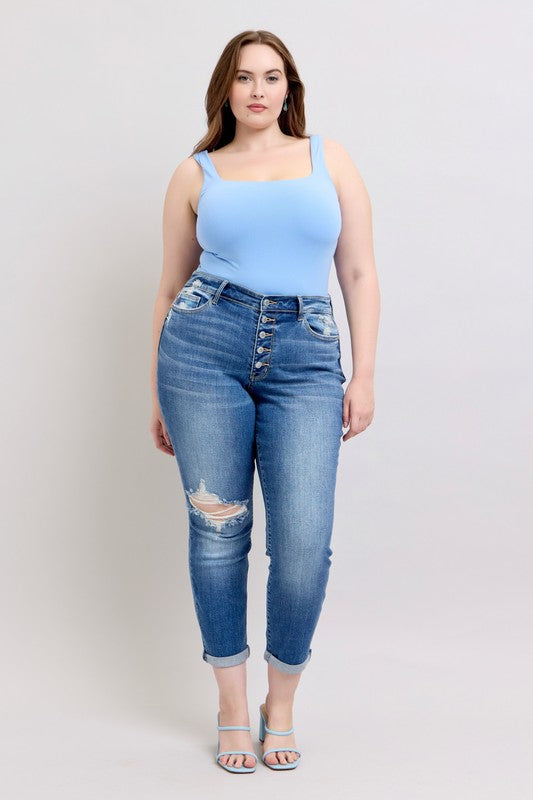 JUDY BLUE Mid Rise Distressed Boyfriend Jeans: Medium Wash