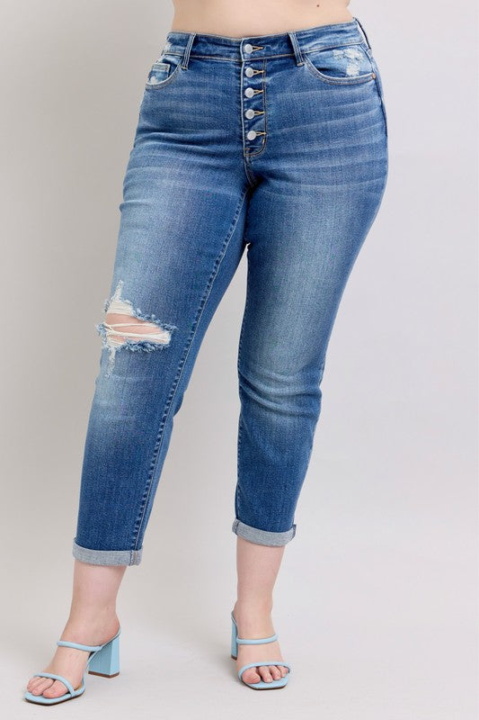 JUDY BLUE Mid Rise Distressed Boyfriend Jeans: Medium Wash