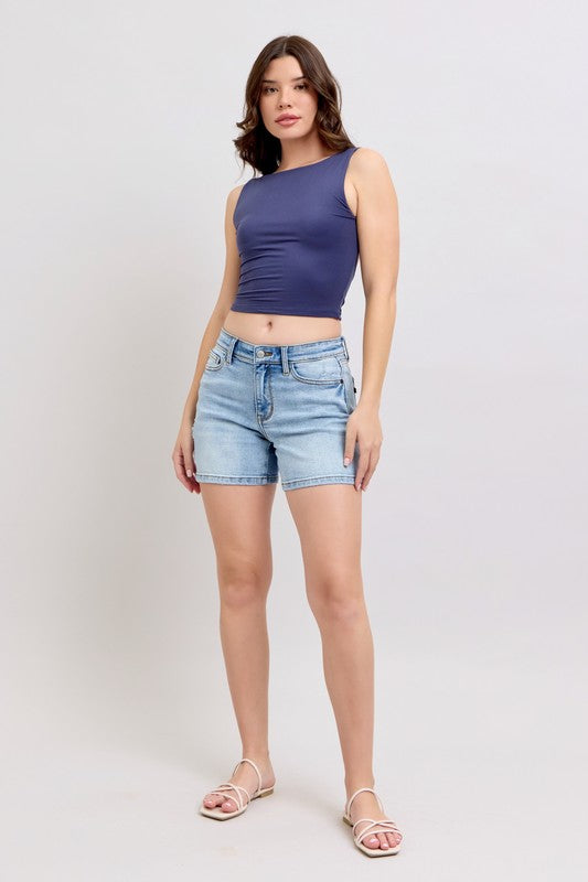 Judy Blue Mid-Rise Vintage Wash Dad Shorts – Medium Wash | Comfort Stretch