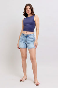 Judy Blue Mid-Rise Vintage Wash Dad Shorts – Medium Wash | Comfort Stretch