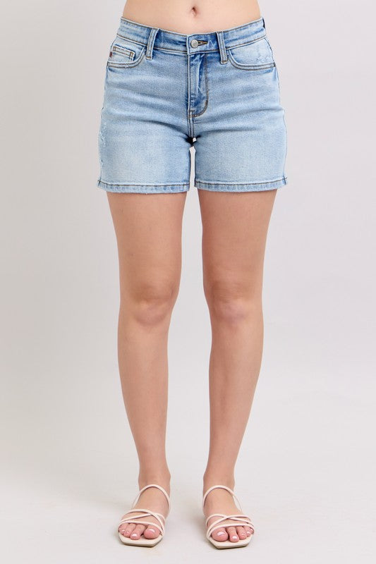 Judy Blue Mid-Rise Vintage Wash Dad Shorts – Medium Wash | Comfort Stretch