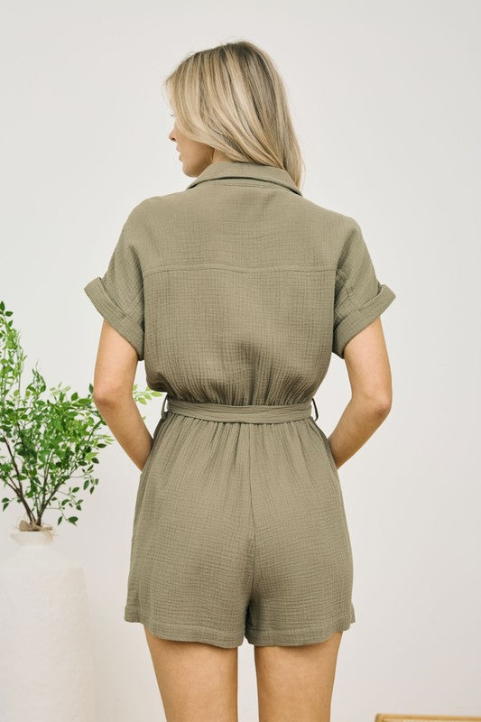 Ari Breathable Gauze Fabric Romper: Olive