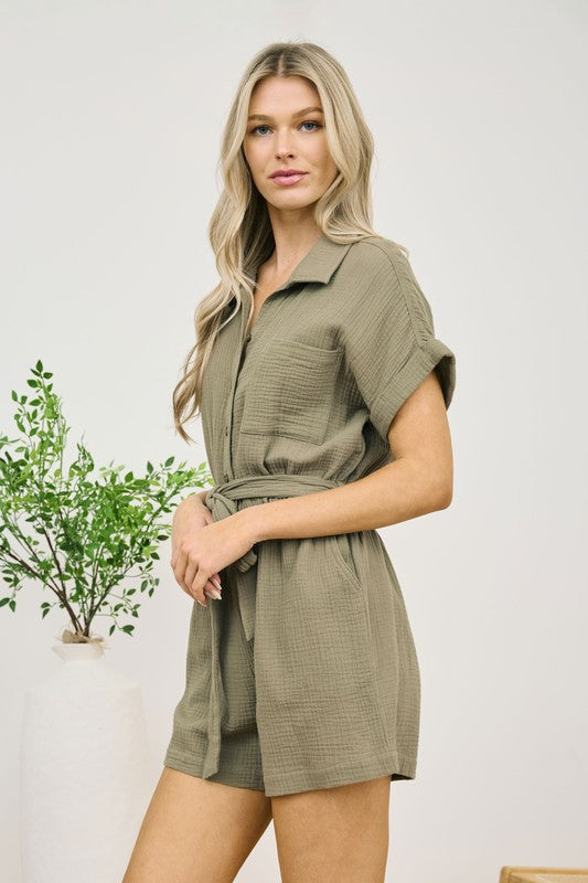 Ari Breathable Gauze Fabric Romper: Olive