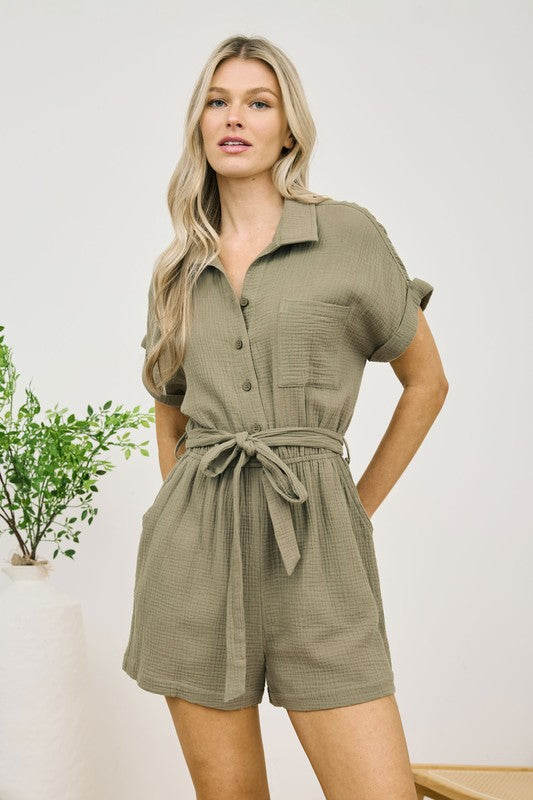 Ari Breathable Gauze Fabric Romper: Olive