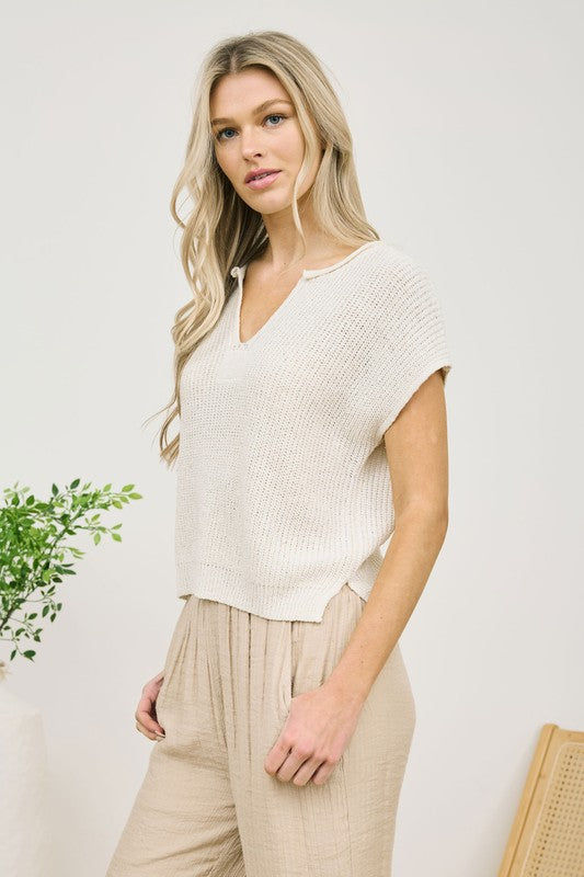 Farrah Split Neck Short Sleeve Knit Sweater Top: Cream