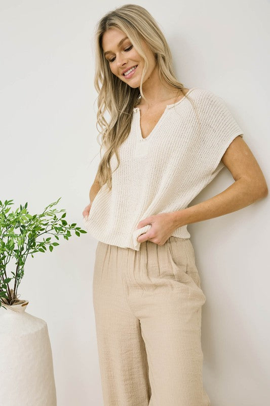 Farrah Split Neck Short Sleeve Knit Sweater Top: Cream