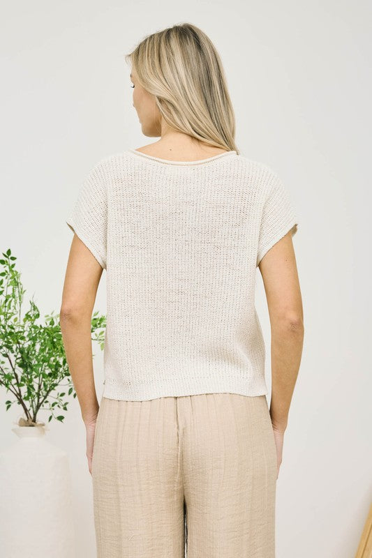 Farrah Split Neck Short Sleeve Knit Sweater Top: Cream