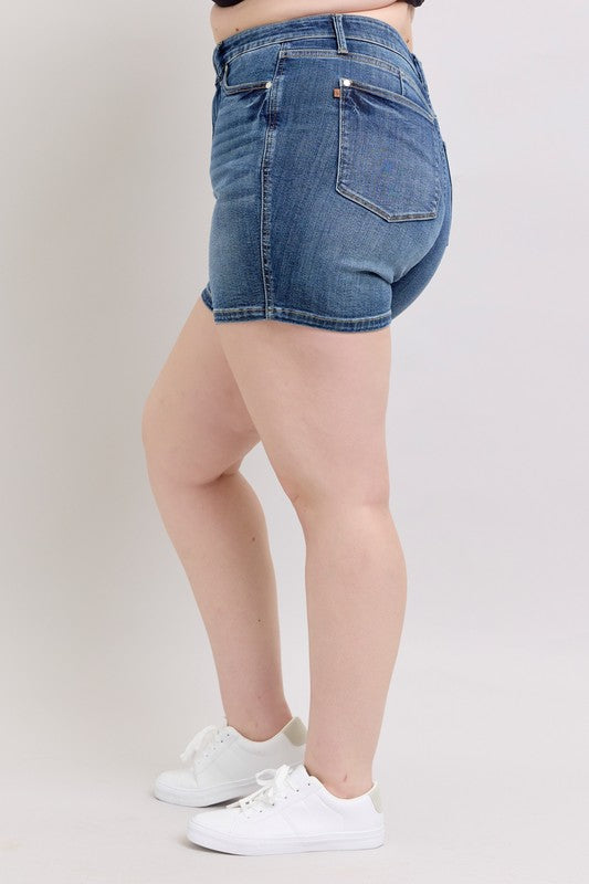 Judy Blue Tummy Control Mid-Rise Shorts – Medium Wash | Mid-Length