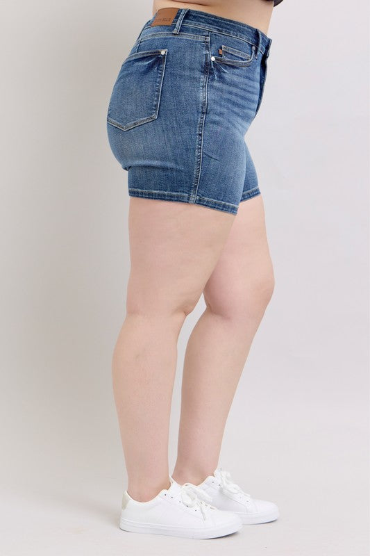 Judy Blue Tummy Control Mid-Rise Shorts – Medium Wash | Mid-Length