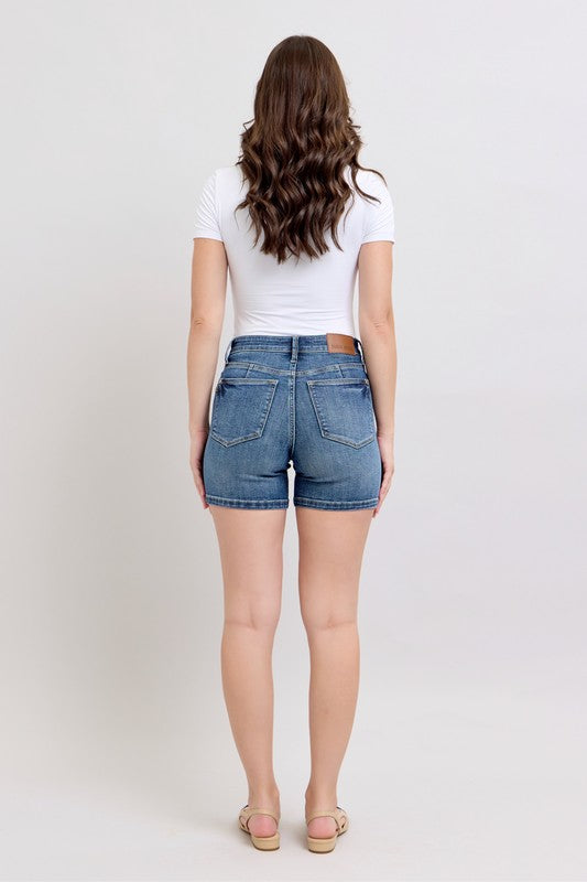 Judy Blue Tummy Control Mid-Rise Shorts – Medium Wash | Mid-Length