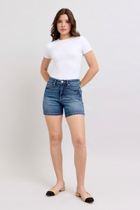 Judy Blue Tummy Control Mid-Rise Shorts – Medium Wash | Mid-Length