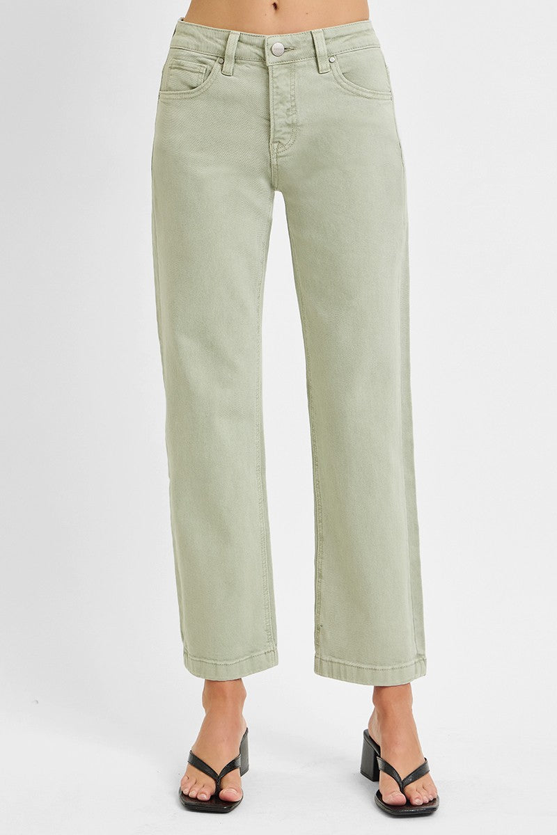 Risen "Mason"  Mid Rise Straight Leg Tummy Control Jeans: Pistachio