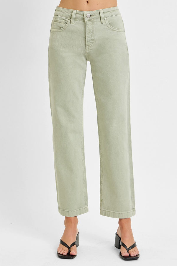 Risen "Mason"  Mid Rise Straight Leg Tummy Control Jeans: Pistachio